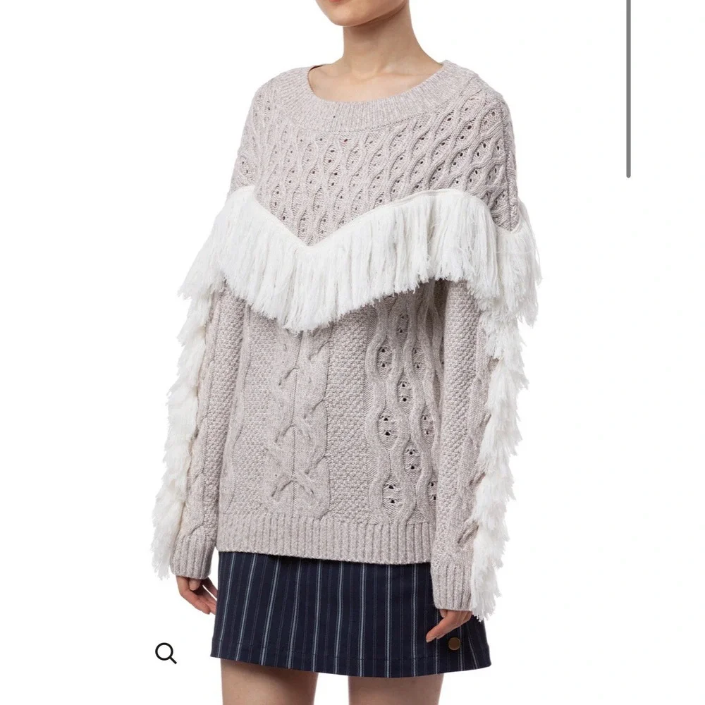 Amur Sweater Women Large Gray Cable Knit Western Fringe Fisherman‎ Sweater Wool